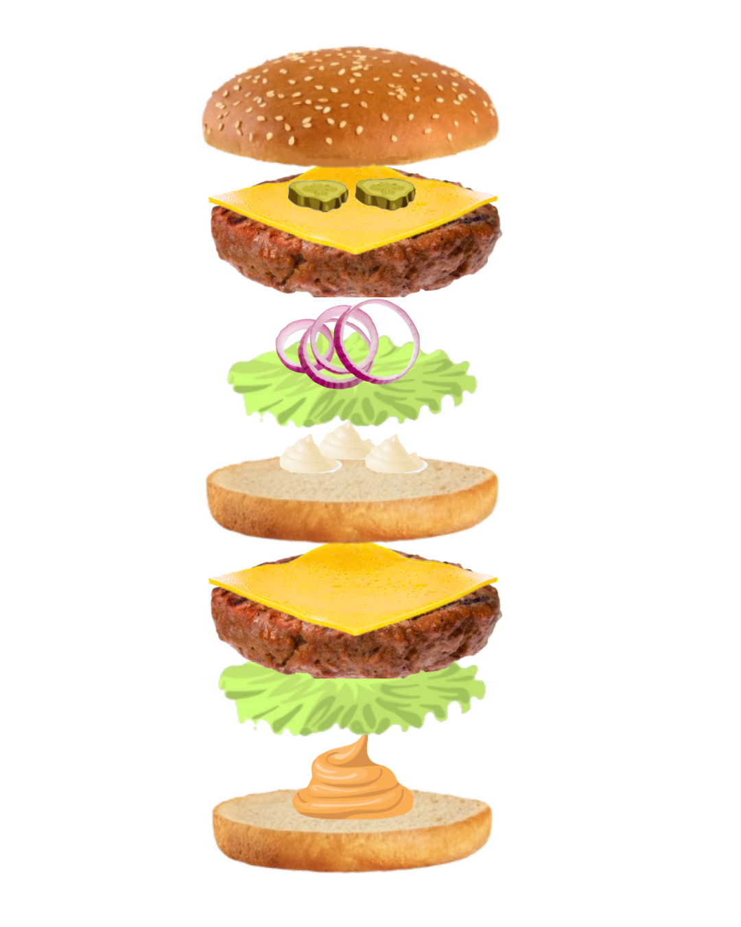 Hambúrguer desmontado mostrando cada ingrediente separadamente